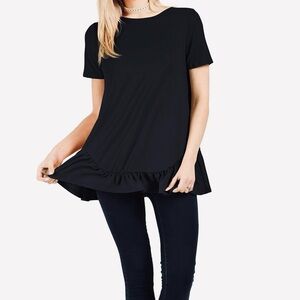 RAE MODE Sassy Black Ruffle Hem Top • Solid Lightweight Layering Tunic Shirt